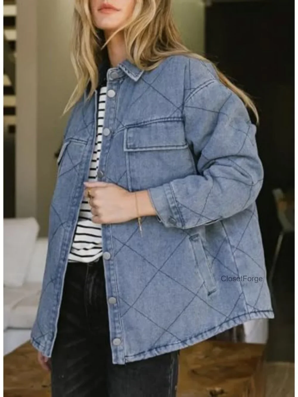 Oversized Denim Shacket Jacket with Pockets Long Sleeve Button Down